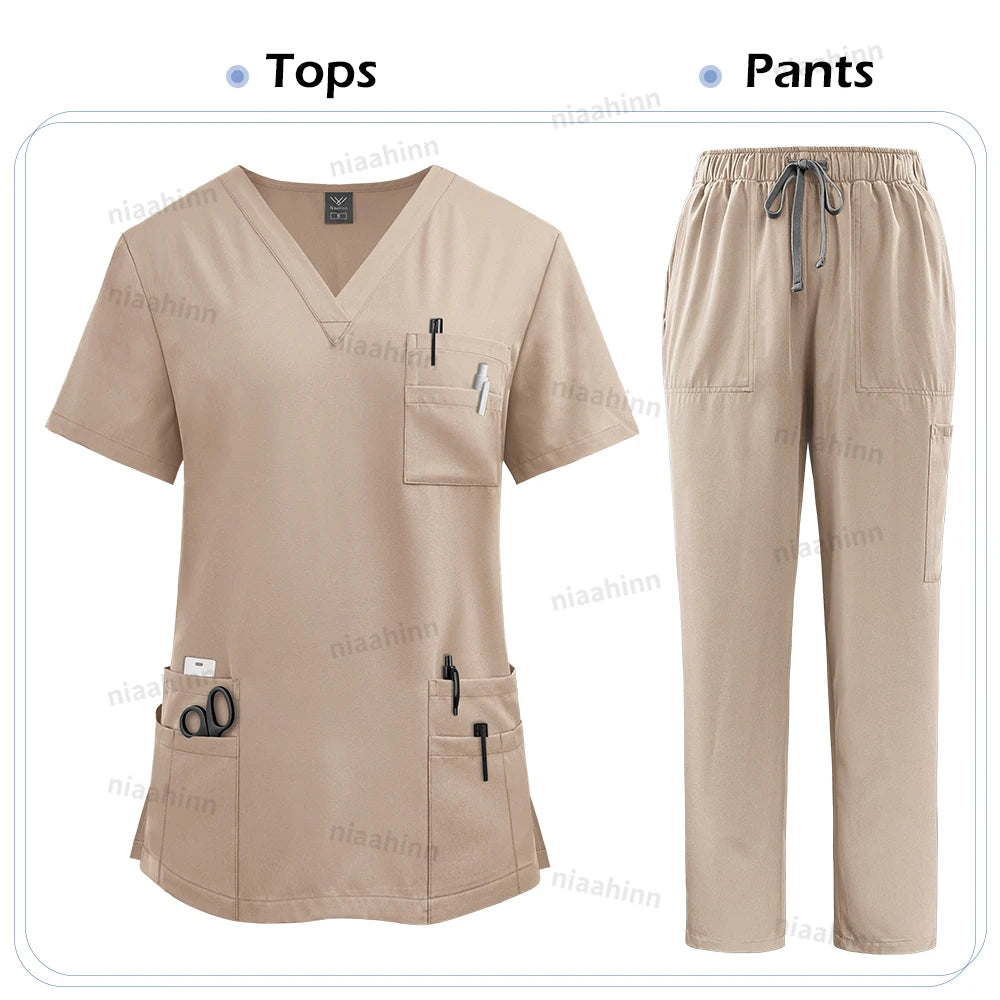 Elastic Scrub Set Operating Room Surgical Uniform Dental Veterinary Work Uniforms V-neck Short Sleeved Tops Pants Suit Wholesale