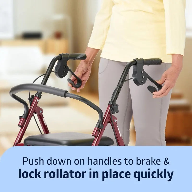 Rollator Walker with Seat, Steel Rolling Walker with 6-inch Wheels Supports up to 350 lbs, Medical Walker, Burgundy