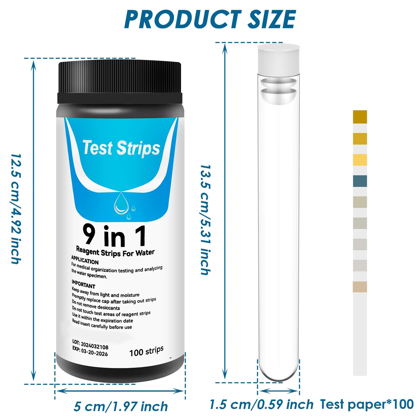 100 Pcs 9-IN-1/7-IN-1 Aquarium Test Fish Tank Test Kit with Test Tube Water Quality Monitor pH Test Strips Strips Fast Accurate