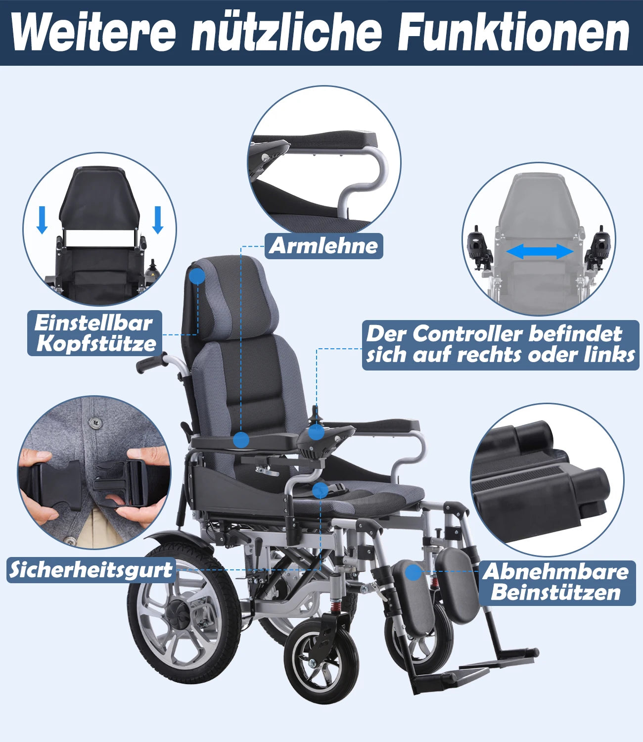 Electric Wheelchair for Adults Long Large Support Power WheelChair Seniors Folding Wheelchair