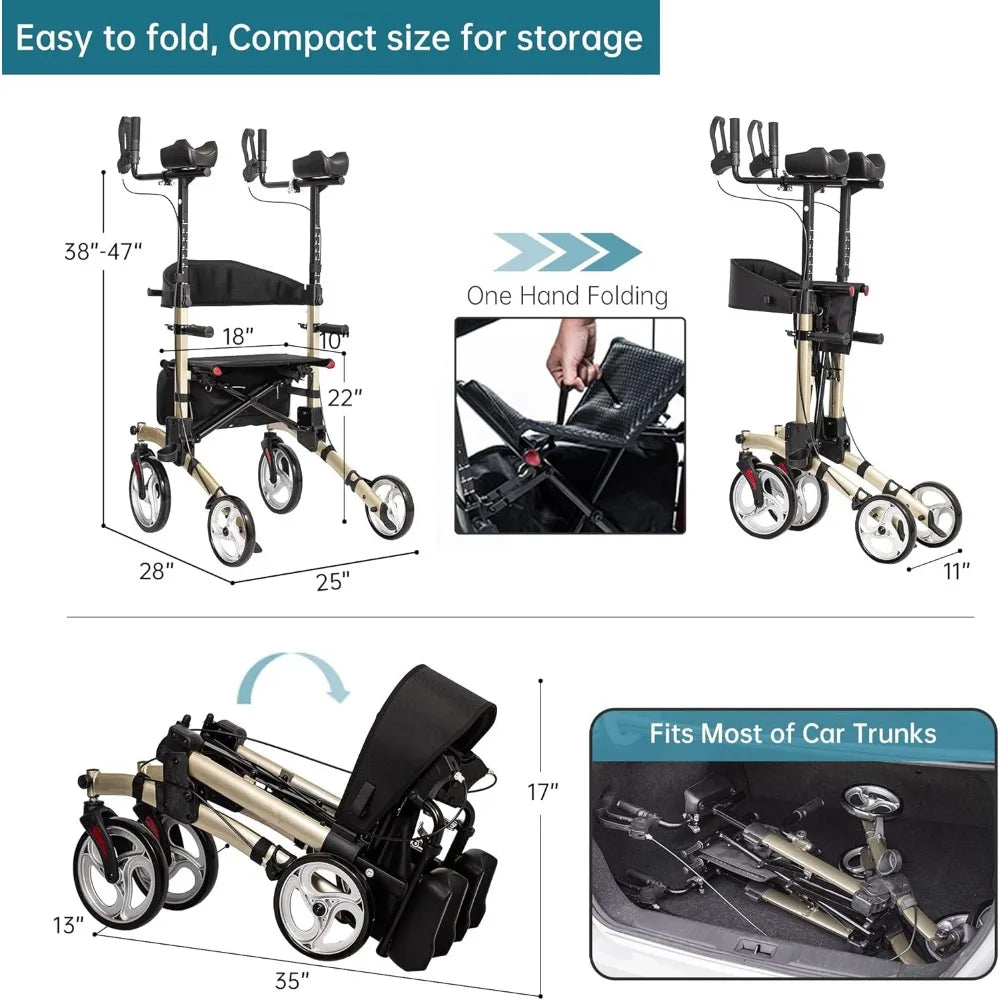 Upright Walker, Stand Up Folding Rollator Walker with  Front Wheels Backrest Seat and Padded Armrests(Champagne)