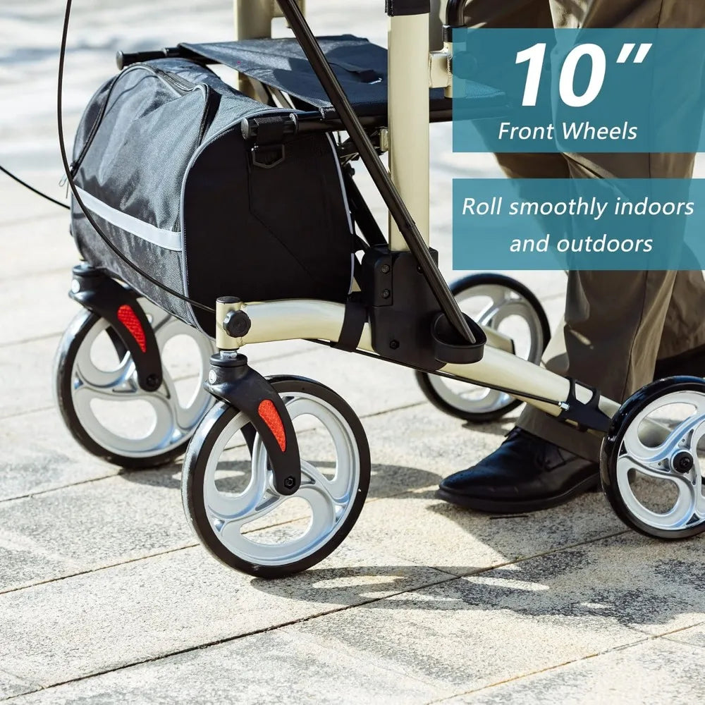 Upright Walker, Stand Up Folding Rollator Walker with  Front Wheels Backrest Seat and Padded Armrests(Champagne)