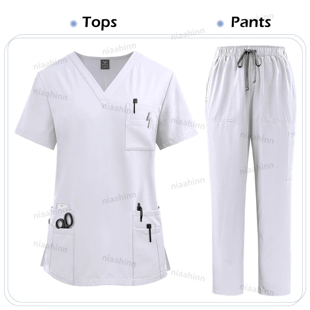 Elastic Scrub Set Operating Room Surgical Uniform Dental Veterinary Work Uniforms V-neck Short Sleeved Tops Pants Suit Wholesale