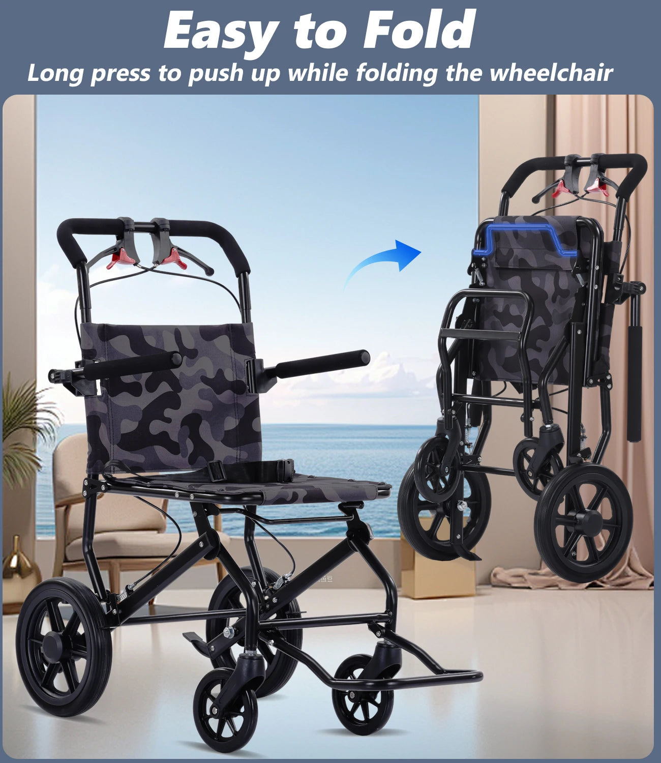 Adult Lightweight Push WheelchairSafe and Stable Ultralight Aluminum WheelchairAirline Approved Folding Transport Wheelchair