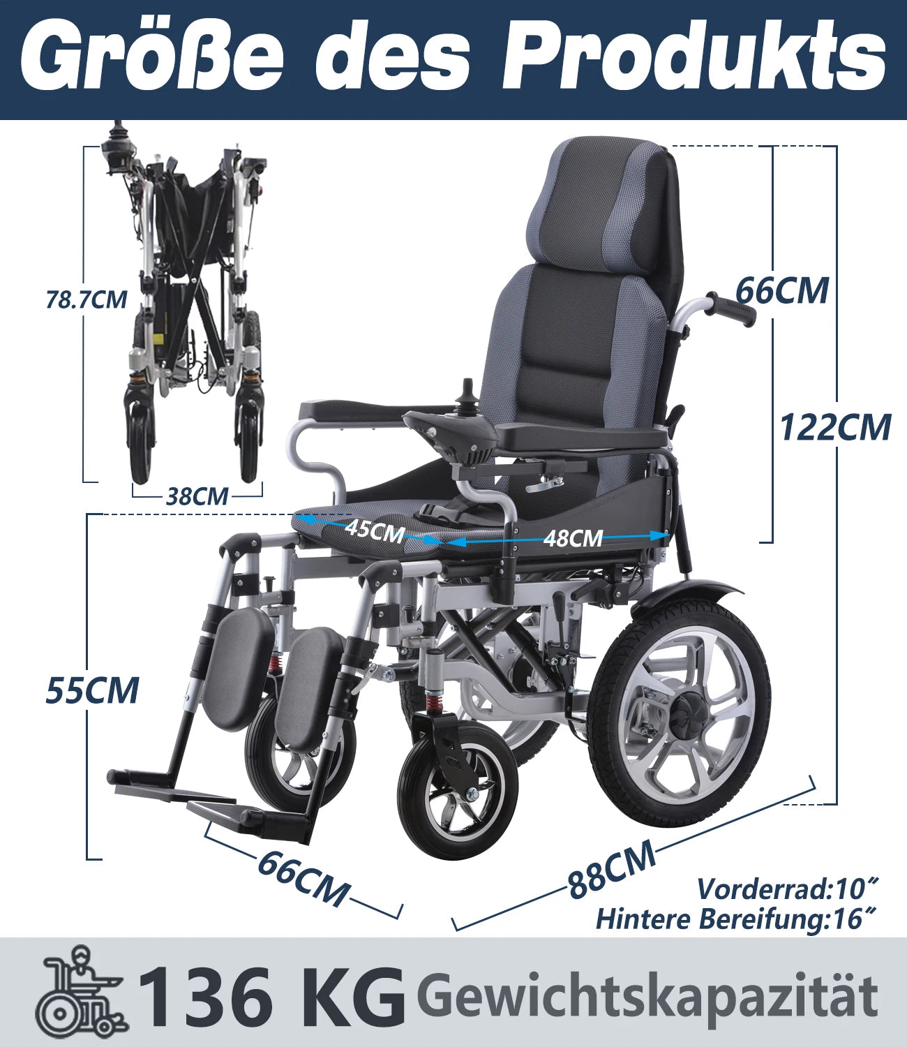 Electric Wheelchair for Adults Long Large Support Power WheelChair Seniors Folding Wheelchair