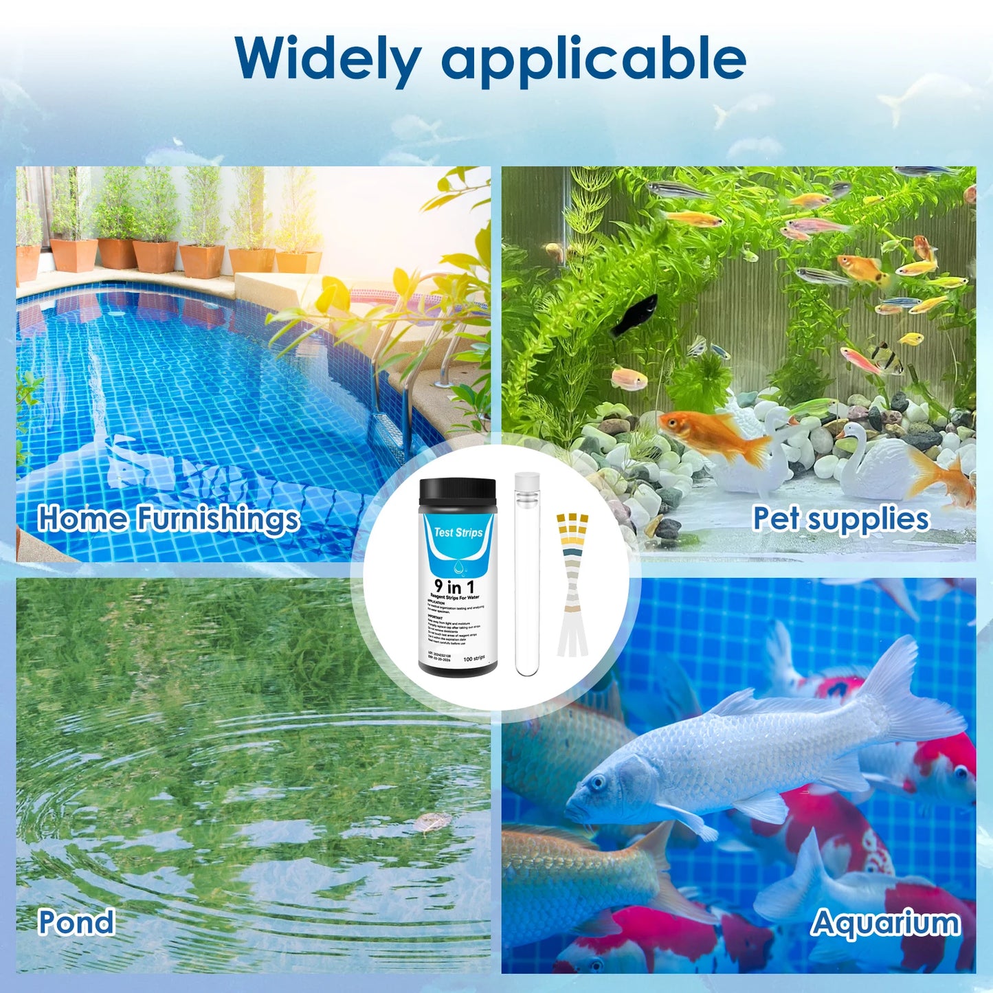 100 Pcs 9-IN-1/7-IN-1 Aquarium Test Fish Tank Test Kit with Test Tube Water Quality Monitor pH Test Strips Strips Fast Accurate