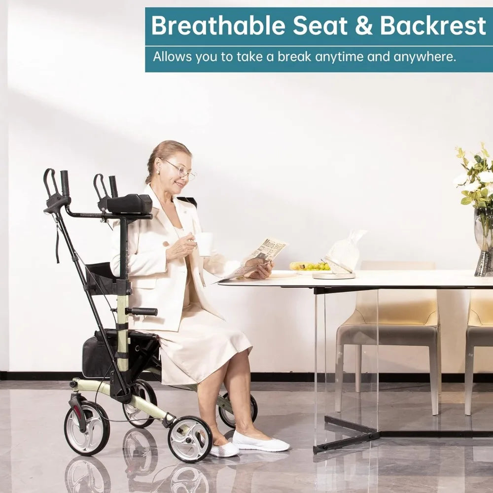 Upright Walker, Stand Up Folding Rollator Walker with  Front Wheels Backrest Seat and Padded Armrests(Champagne)