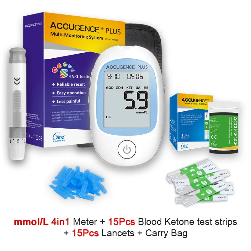 4 in 1 Multifunction Monitor Hemoglobin Blood Ketone Glucose Uric Acid Meter Test Strip HB Anemia Test Blood Sugar Diabetes Gout