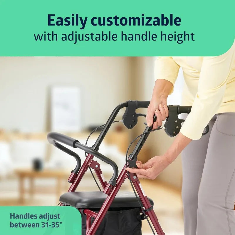 Rollator Walker with Seat, Steel Rolling Walker with 6-inch Wheels Supports up to 350 lbs, Medical Walker, Burgundy