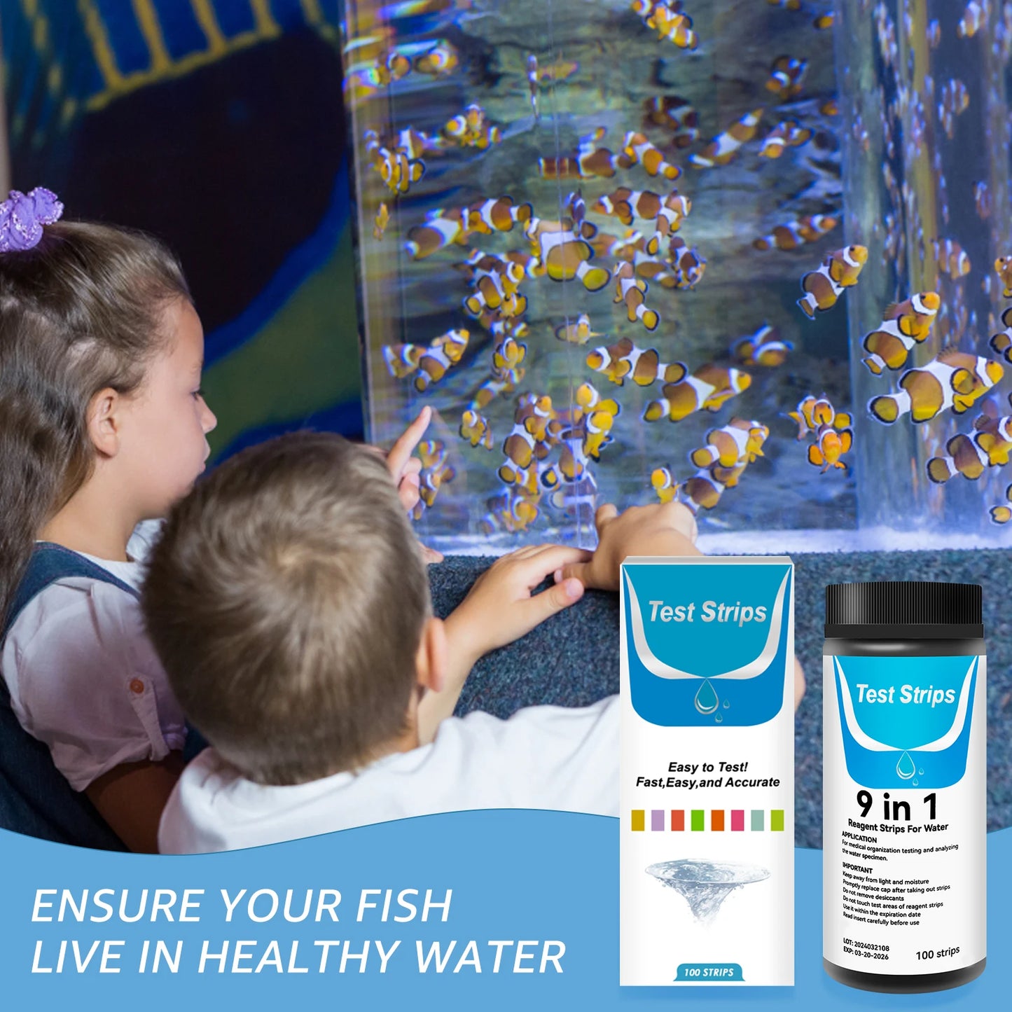 100 Pcs 9-IN-1/7-IN-1 Aquarium Test Fish Tank Test Kit with Test Tube Water Quality Monitor pH Test Strips Strips Fast Accurate