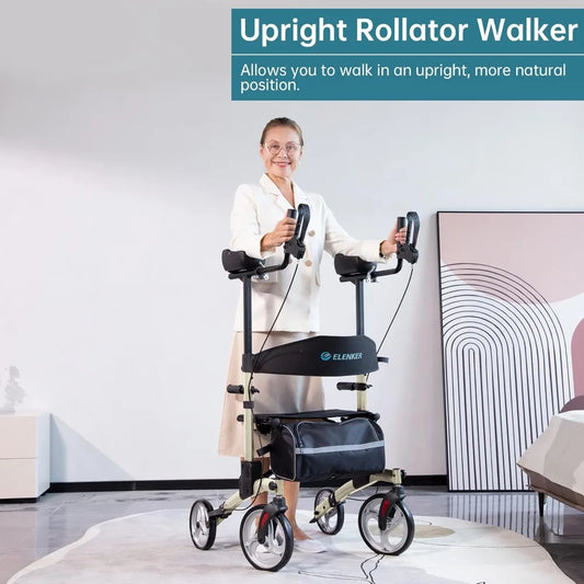 Upright Walker, Stand Up Folding Rollator Walker with  Front Wheels Backrest Seat and Padded Armrests(Champagne)