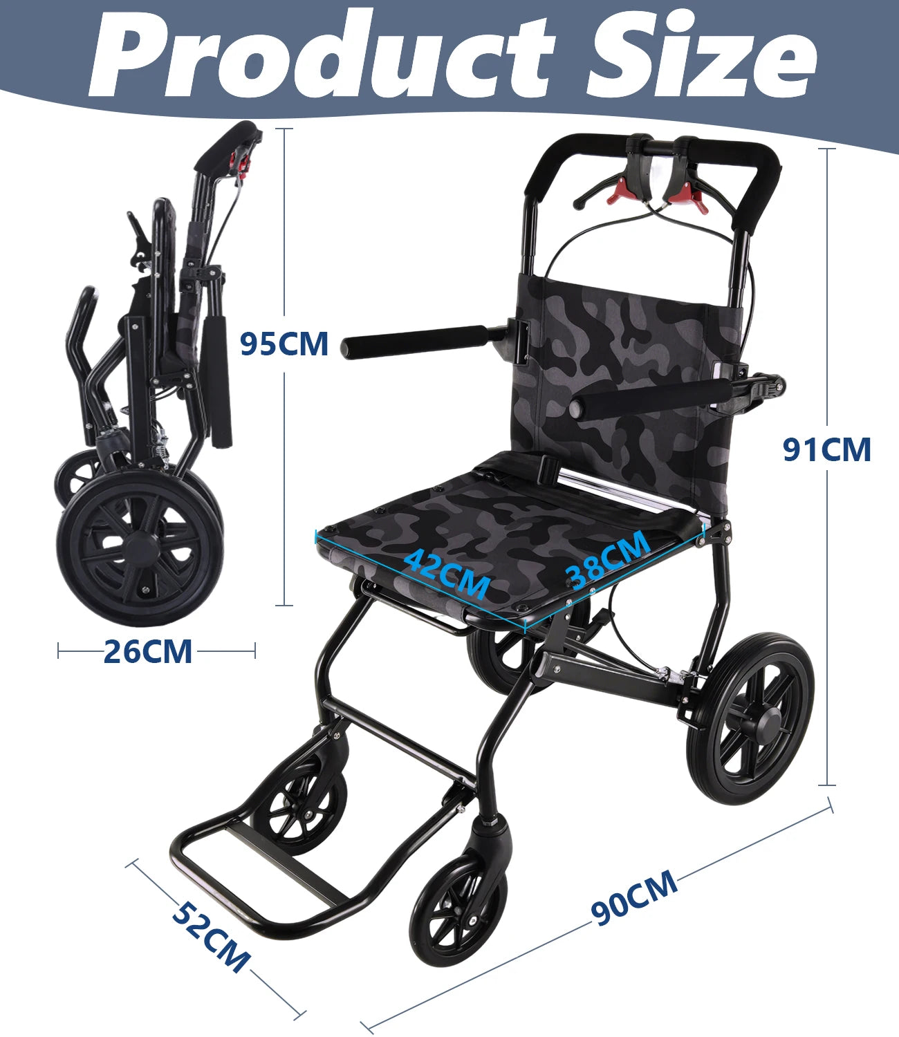 Adult Lightweight Push WheelchairSafe and Stable Ultralight Aluminum WheelchairAirline Approved Folding Transport Wheelchair