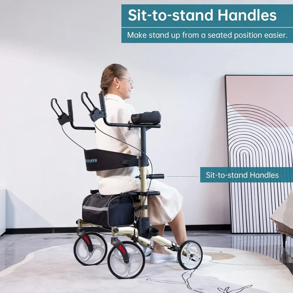 Upright Walker, Stand Up Folding Rollator Walker with  Front Wheels Backrest Seat and Padded Armrests(Champagne)